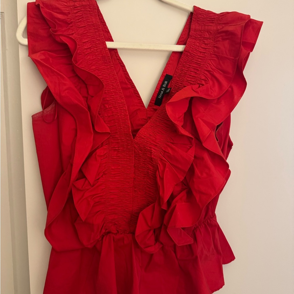 Elegant Red Ruffled V-Neck Blouse